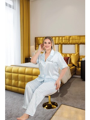 Zenvia Arias Closet Büyük Beden Şık Tasarım Mavi Çizgili Düğmeli Kısa Kol Lüx Saten Pijama Takım