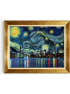 Tablore Van Gogh Yıldızlı Gece Temalı Modern Gece Şehir Silüeti Altın Çerçeveli Tablo