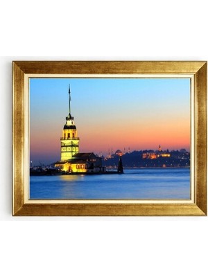 Tablore Istanbul Kız Kulesi Manzaralı Altın Çerçeveli Kanvas Tablo Salon Ofis Duvar Dekorasyonu
