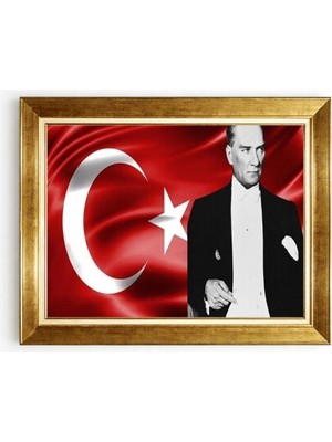 Tablore Atatürk ve Türk Bayrağı Tasarımlı Çerçeveli Kanvas Salon ve Ofis Tablosu