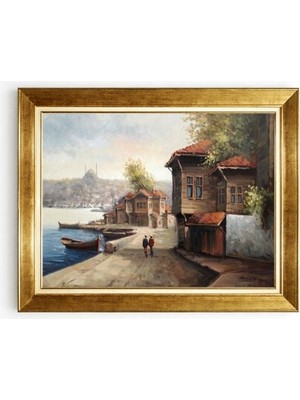 Tablore Altın Çerçeveli Nostaljik Eski Istanbul Manzaralı Yağlı Boya Görünümlü Tablo