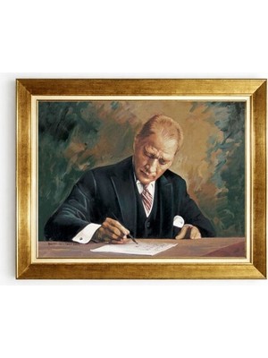 Tablore Masasında Çalışan Atatürk Portresi Duvar Tablosu Gold Çerçeve