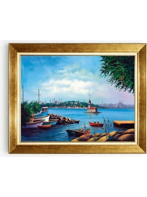 Tablore Istanbul Kız Kulesi ve Deniz Manzaralı Altın Çerçeveli Kanvas Duvar Tablosu