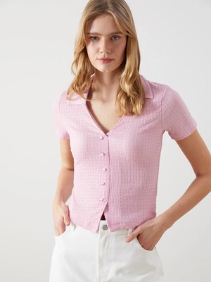 Lcw Vision Pembe Polo Yaka Dokulu Kadın Bluz