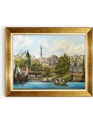 Tablore Klasik Osmanlı Istanbul Tablosu Altın Çerçeveli Tarihi Cami ve Sandallar Kanvas Tablo