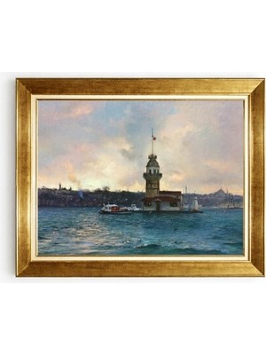 Tablore Istanbul Kız Kulesi Manzaralı Yağlı Boya Dokulu Altın Varak Çerçeveli Salon Tablosu