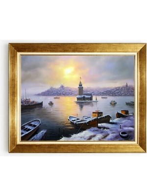 Tablore Altın Çerçeveli Kız Kulesi Kanvas Tablo Istanbul Manzaralı Kış Temalı Salon Tablosu