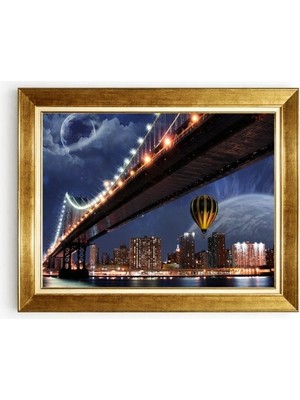 Tablore Gece Şehir ve Köprü Manzaralı Balon Detaylı Altın Çerçeveli Modern Tablo