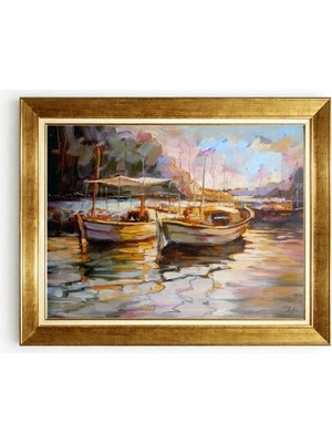 Tablore Gün Batımı Deniz ve Sandallar Temalı Modern Klasik Altın Çerçeveli Tablo