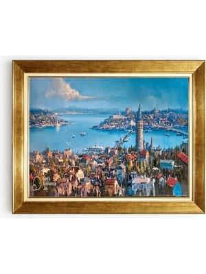 Tablore Galata Kulesi ve Istanbul Panoraması Yağlı Boya Dokulu Gold Çerçeveli Tablo