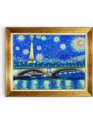 Tablore Gold Çerçeveli Yıldızlı Gece Eyfel Kulesi Tablosu Van Gogh Tarzı Paris Kanvas Tablo Duvar Dekoru