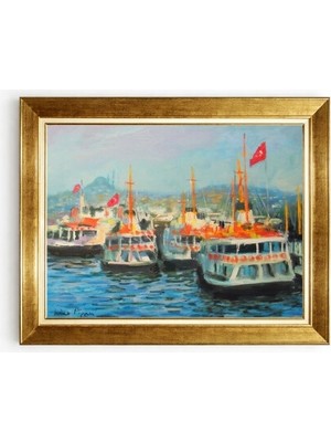 Tablore Istanbul Şehir Hatları Vapurları Yağlıboya Görünümlü Altın Çerçeveli Kanvas Tablo