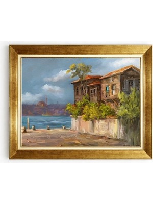 Tablore Gold Çerçeveli Istanbul Boğazı ve Tarihi Ahşap Evler Duvar Tablosu