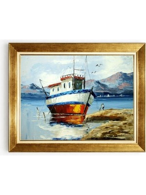 Tablore Deniz Kenarı Balıkçı Teknesi Yağlıboya Dokulu Altın Çerçeveli Kanvas Tablo