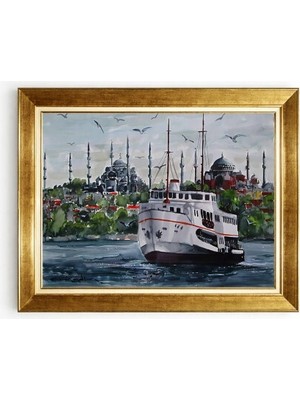 Tablore Altın Çerçeveli Istanbul Vapuru ve Tarihi Yarımada Camili Tablo