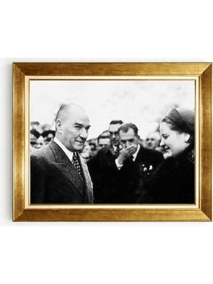 Tablore Altın Çerçeveli Atatürk ve Afet Inan Nostaljik Siyah Beyaz Tablo Tarihi Ofis Resmi