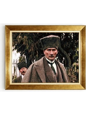 Tablore Kalpaklı Mustafa Kemal Atatürk Tarihi Portre Gold Çerçeveli Kanvas Tablo Ofis Duvar Dekoru