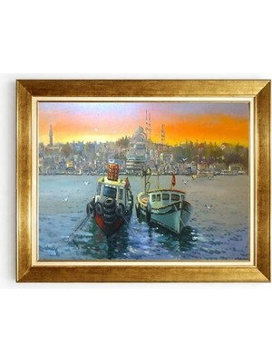 Tablore Altın Çerçeveli Istanbul Gün Batımı ve Balıkçı Tekneleri Duvar Tablosu