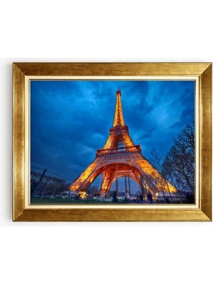 Tablore Altın Çerçeveli Gece Işıklı Paris Eyfel Kulesi Tablosu Modern Salon Duvar Resmi