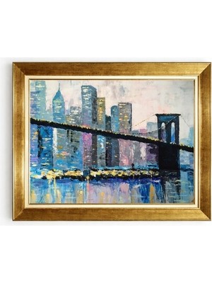 Tablore Brooklyn Köprüsü New York Şehir Manzaralı Altın Çerçeveli Yağlı Boya Dokulu Kanvas Tablo