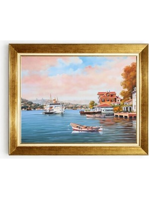 Tablore Altın Çerçeveli Istanbul Boğazı Yalılar ve Vapur Manzaralı Tablo