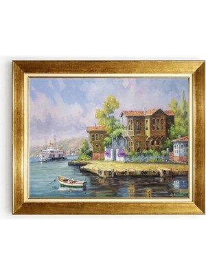 Tablore Altın Çerçeveli Tarihi Istanbul Ahşap Evleri ve Vapur Duvar Tablosu