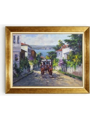 Tablore Klasik Faytonlu Istanbul Manzaralı Yağlıboya Görünümlü Altın Çerçeveli Kanvas Tablo