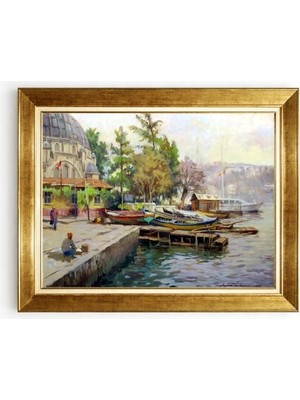 Tablore Istanbul Ortaköy Camii ve Tekneler Manzaralı Altın Çerçeveli Kanvas Tablo Duvar Resmi