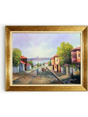 Tablore Nostaljik Eski Istanbul Sokakları Yağlı Boya Görünümlü Çerçeveli Duvar Tablosu