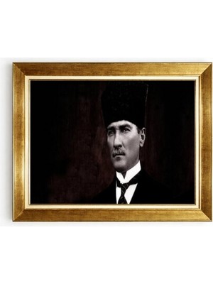 Tablore Altın Çerçeveli Kalpaklı Atatürk Portresi Tablosu Nostaljik Ofis Salon Duvar Tablosu