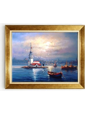 Tablore Istanbul Kız Kulesi Manzaralı Yağlı Boya Görünümlü Altın Çerçeveli Kanvas Tablo