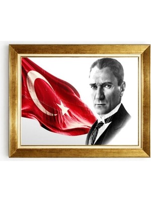 Tablore Atatürk ve Türk Bayrağı Temalı Altın Çerçeveli Kanvas Tablo
