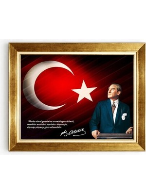Tablore Atatürk Imzalı ve Sözlü Türk Bayrağı Fonlu Çerçeveli Kanvas Tablo