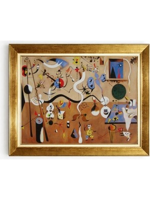 Tablore Joan Miro Tarzı Sürrealist Soyut Sanat Altın Çerçeveli Kanvas Tablo Modern Salon