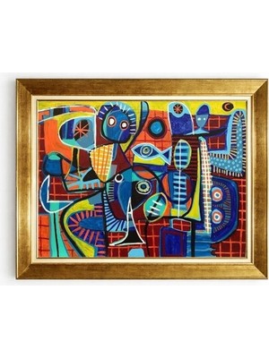Tablore Afrika Kültürü Soyut Figürler Yağlı Boya Tablosu - Modern Etnik Desenler, Altın Çerçeve