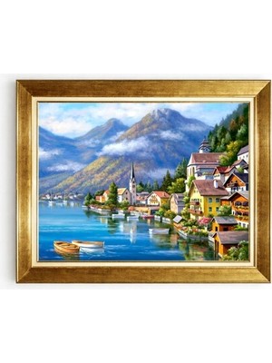 Tablore Italyan Göl Kasabası ve Dağ Manzaralı Çerçeveli Yağlı Boya Görünümlü Salon Duvar Tablosu