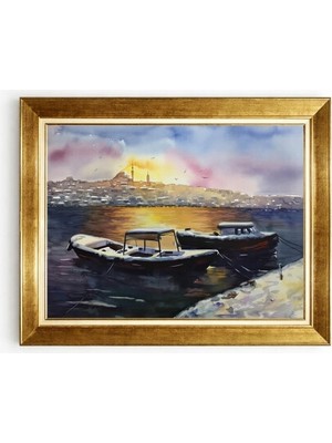 Tablore Sulu Boya Istanbul Manzaralı Duvar Tablosu, Haliç ve Tekne Detaylı Modern Dekoratif Eser