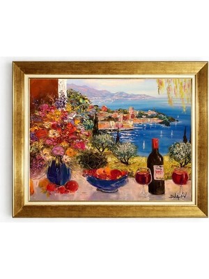 Tablore Italyan Riviera Sahili Şarap ve Çiçekler Yağlıboya Görünümlü Salon Kanvas Tablo