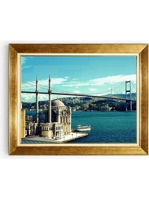 Tablore Gold Çerçeveli Istanbul Ortaköy Camii ve Boğaz Köprüsü Manzara Kanvas Tablo Salon