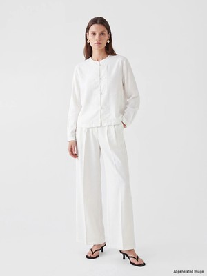 Lcw Modest Ekru Loose Fit Keten Görünümlü Kadın Pileli Pantolon