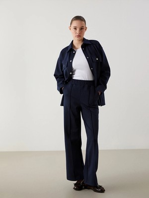 Lcw Modest Lacivert Beli Lastikli Çizgili Kadın Pantolon