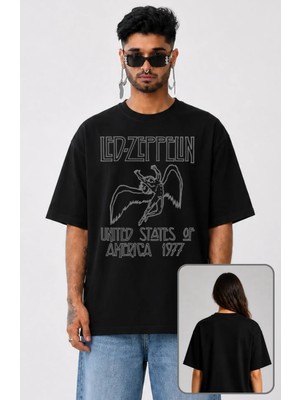 Fuddy Moda Unisex LED Zeppelin Usa 1977 Baskılı T-Shirt, Oversize Rock Müzik Temalı Tişört