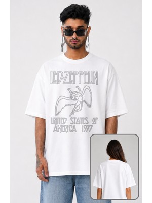 Fuddy Moda Unisex LED Zeppelin Usa 1977 Baskılı T-Shirt, Oversize Rock Müzik Temalı Tişört