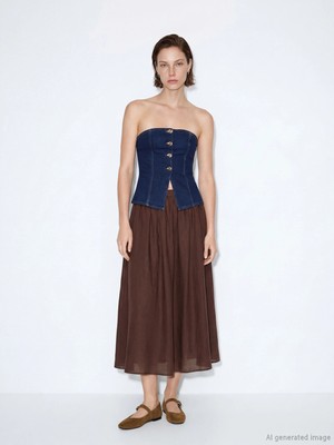 Lcw Vision Kahverengi Beli Fermuarlı Büzgülü Kloş Etek