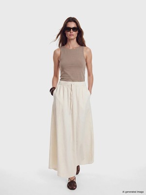 Lcw Modest Bej Beli Lastikli Keten Karışımlı Kloş Etek