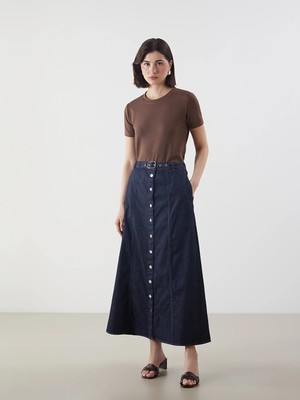 Lcw Modest Indigo Beli Kemerli Düğmeli Jean Etek
