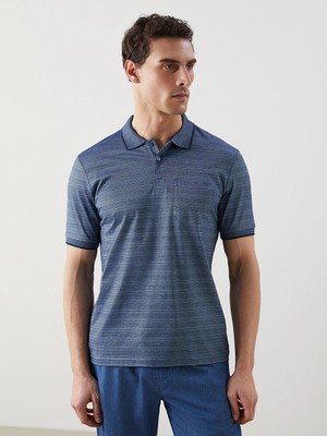 LC Waikiki Lcwaıkıkı Classic Indigo Polo Yaka Çizgili Merserize Görünümlü Erkek Tişört