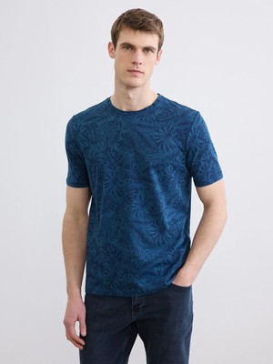 LC Waikiki Lcwaıkıkı Classic Indigo Bisiklet Yaka Desenli Erkek Tişört