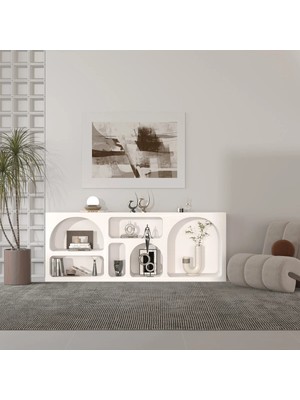 Klubeconcept %100 Mdf Beyaz Renk Modern Dekoratif Nişli Konsol 210X80 cm Geniş Raflı Deko Ünitesi