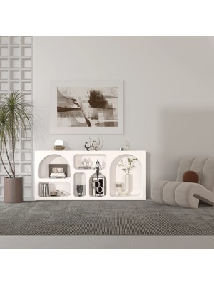 Klubeconcept %100 Mdf Beyaz Renk Modern Dekoratif Nişli Konsol 180X80 cm Geniş Raflı Deko Ünitesi